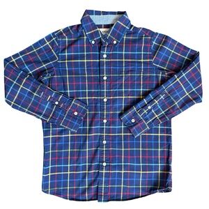 Lands End 10/12 Medium Boys Blue poplin plaid button down collared shirt